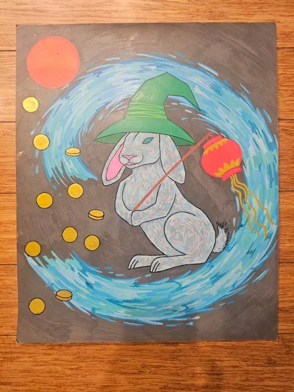 A white rabbit in a green witch hat holds a red lantern amid gold coins and a swirling blue vortex